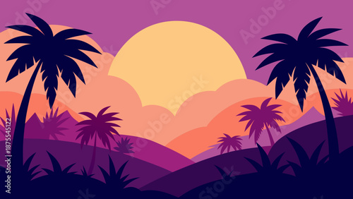Tropical Sunset Jungle Vector Illustration 