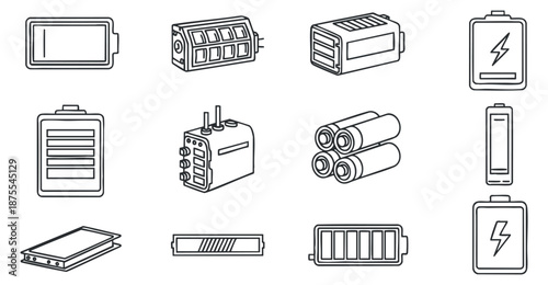 A collection of various battery icons in flat outline vector style, suitable for technology and electronics design projects