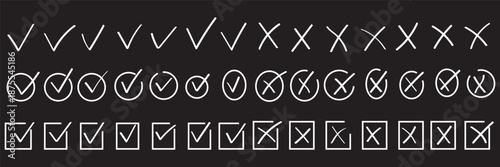 Check tick mark icon set. Cross box x check mark checkbox list vector draw hand drawn sketch doodle brush marker checklist symbol wrong right circle. hand drawn, grunge X sign. hand drawn tick mark