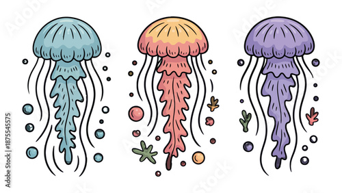 Vibrant jellyfish: Three colorful jellyfish gracefully float in the ocean, their delicate forms illuminated with an array of vibrant hues, capturing the enchantment of marine life.