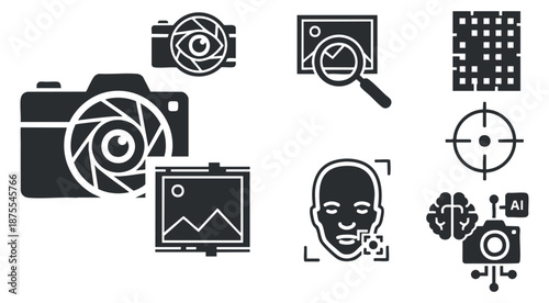 A collection of camera, image analysis, and AI icons in black and white minimalist vector style, perfect for technology and photography branding