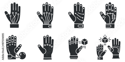 A collection of robotic hands with circuit patterns and gesture icons in black and white vector style, suitable for technology and AI design