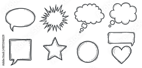 A collection of speech bubbles, stars, and thought clouds in black and white outline vector style, ideal for graphic design and communication projects