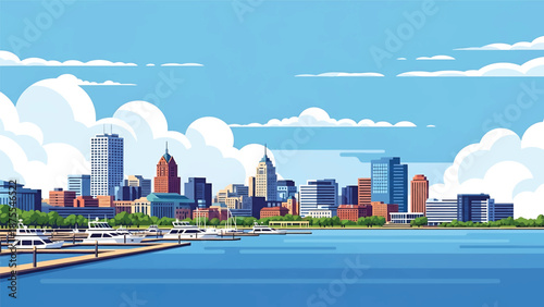 Flat vector illustration of a Milwaukee-style waterfront skyline with marina docks, lakeside buildings and calm urban scenery, clean flat vector design in solid colors