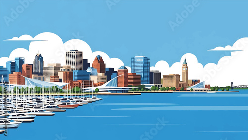 Flat vector illustration of a Milwaukee-style waterfront skyline with marina docks, lakeside buildings and calm urban scenery, clean flat vector design in solid colors