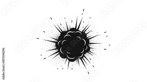A black and white vector graphic illustration of an explosion with dynamic lines and splashes