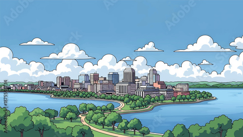 Flat vector illustration of a Madison-inspired cityscape positioned between lakes, featuring compact urban buildings, tree-lined shores and clean flat vector composition