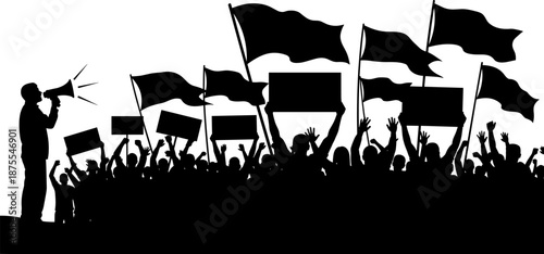 Silhouette protest crowd with leader using megaphone and waving flags, representing activism, freedom, political movement, public demonstration, social justice, and collective power concept