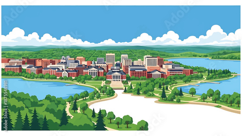 Flat vector illustration of a Madison-inspired cityscape positioned between lakes, featuring compact urban buildings, tree-lined shores and clean flat vector composition