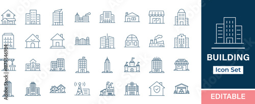 Building editable line icons pack. House, apartment, office, school, college, university, hospital, clinic, hotel, hostel, library, bank, mall, market and more icons.