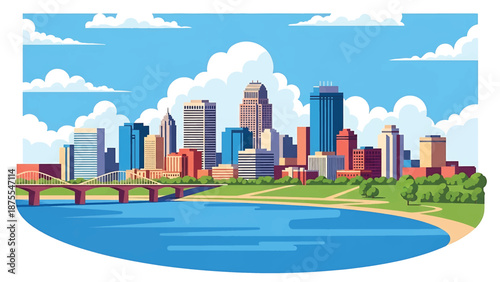 Flat vector illustration of an Omaha-style skyline with riverfront setting, mixed modern buildings and open Midwest sky, rendered in solid flat vector colors