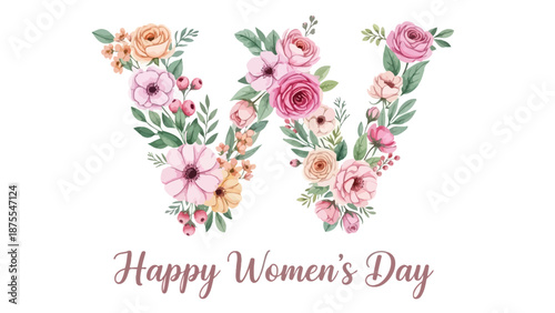 Floral letter w happy women's day greeting with pink flowers and green leaves on white background