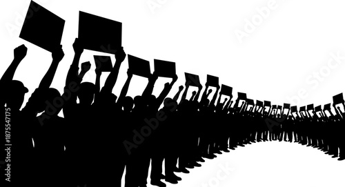 Silhouettes of protest groups in curved formation holding blank signs above heads, symbolizing unity, activism, public demonstration, and collective social movement expression.