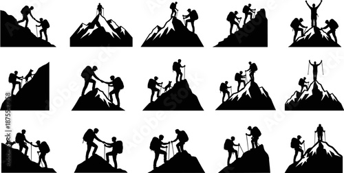 Teamwork mountain climbing silhouette set showing hikers helping each other reach summits, symbolizing leadership, cooperation, success, achievement, trust, motivation, outdoor adventure, 