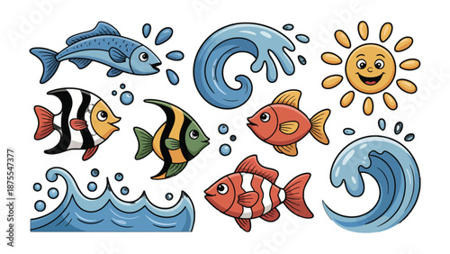 Whimsical Underwater World: An assortment of cheerful fish frolic amidst playful waves and a radiant sun, inviting a glimpse into an enchanting aquatic realm.