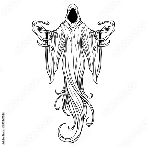 Enigmatic Ghost Line Art – Ghost Vector Artwork with Soft Otherworldly Detailing – Ghost Drawing – Vector of Ghost – Ghost Sketch