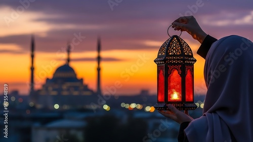 A person holding a beautiful traditional ramadan lantern at sunset with a mosque in the background
