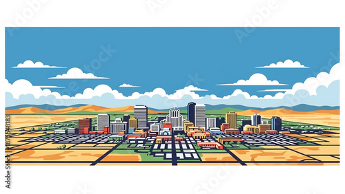 Flat vector illustration of a Reno-inspired city view with compact skyline, desert surroundings and rolling hills, clean flat vector design using solid colors only