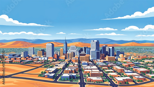 Flat vector illustration of a Reno-inspired city view with compact skyline, desert surroundings and rolling hills, clean flat vector design using solid colors only