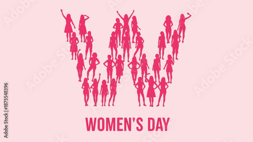 Women's day celebration with diverse group of women in pink silhouettes on light background