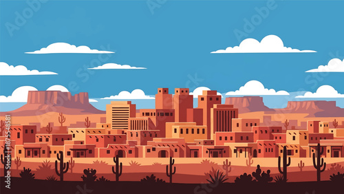 Flat vector illustration of a Santa Fe-style cityscape with adobe-inspired low-rise buildings, desert vegetation and cultural southwest atmosphere in solid flat colors