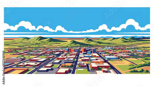 Flat vector illustration of an El Paso-inspired skyline with compact urban blocks, desert hills and wide horizon, clean flat vector design in solid colors