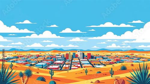 Flat vector illustration of an El Paso-inspired skyline with compact urban blocks, desert hills and wide horizon, clean flat vector design in solid colors