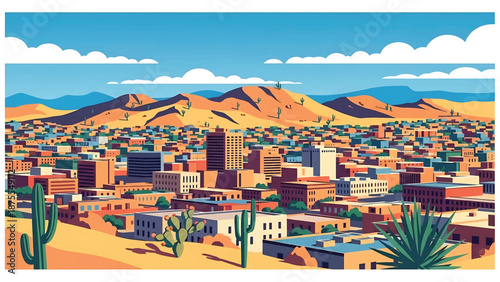 Flat vector illustration of an El Paso-inspired skyline with compact urban blocks, desert hills and wide horizon, clean flat vector design in solid colors