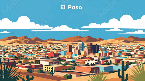 Flat vector illustration of an El Paso-inspired skyline with compact urban blocks, desert hills and wide horizon, clean flat vector design in solid colors
