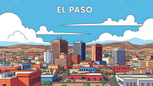 Flat vector illustration of an El Paso-inspired skyline with compact urban blocks, desert hills and wide horizon, clean flat vector design in solid colors
