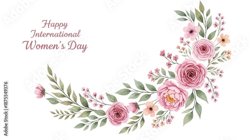 Happy international women's day floral wreath with pink roses and green leaves on white background