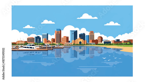 Flat vector illustration of a Corpus Christi-style coastal city with harbor waters, low-rise skyline and sandy shoreline, clean flat vector design in solid colors