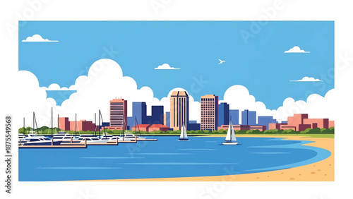 Flat vector illustration of a Corpus Christi-style coastal city with harbor waters, low-rise skyline and sandy shoreline, clean flat vector design in solid colors