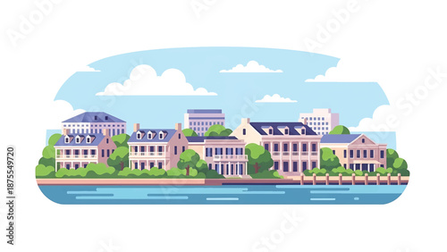 Flat vector illustration of a Charleston-inspired city view with historic-style low-rise buildings, coastal greenery and calm waterfront, rendered in solid flat colors