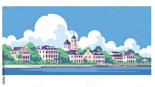 Flat vector illustration of a Charleston-inspired city view with historic-style low-rise buildings, coastal greenery and calm waterfront, rendered in solid flat colors