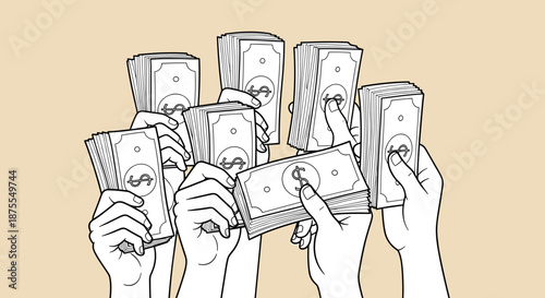 Line Art Illustration of Hands Holding Stacks of Money on Beige Background