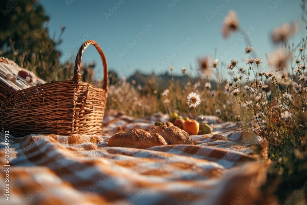 Fototapeta premium Outdoor picnic scene with plaid blanket and wicker basket