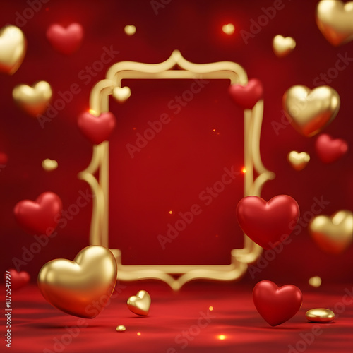 Elegance of love: A captivating frame decorated with heart shapes, set against a rich red backdrop that evokes sentiments of love and affection.
