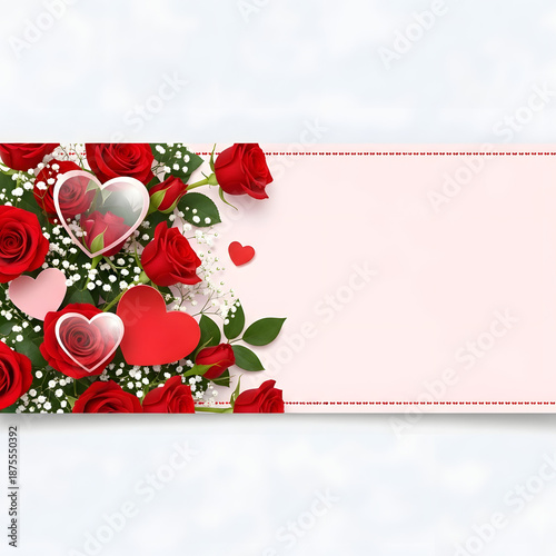 Valentine's Day Rose Banner: A captivating visual with vibrant red roses, delicate hearts, and an elegant banner creates a perfect atmosphere for conveying affection and messages of love
