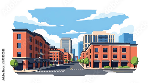 Flat vector illustration of a Durham-style city view with compact downtown blocks, creative district feel and pedestrian-friendly streets in solid flat vector colors