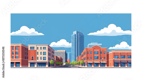 Flat vector illustration of a Durham-style city view with compact downtown blocks, creative district feel and pedestrian-friendly streets in solid flat vector colors