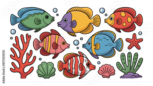 Vibrant Marine Life: A captivating illustration showcases a dazzling array of aquatic creatures, including vividly colored fish, seashells, coral, and a starfish.