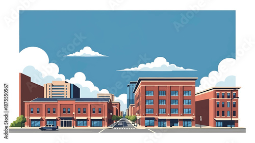 Flat vector illustration of a Durham-style city view with compact downtown blocks, creative district feel and pedestrian-friendly streets in solid flat vector colors