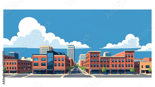 Flat vector illustration of a Durham-style city view with compact downtown blocks, creative district feel and pedestrian-friendly streets in solid flat vector colors