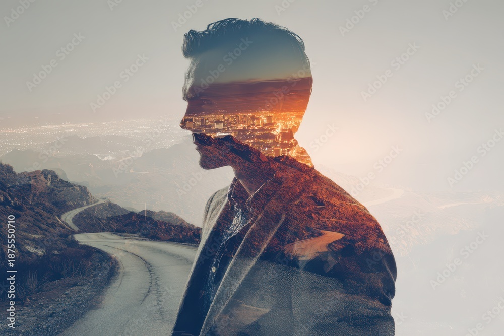 Naklejka premium Path to Growth: A steadfast figure facing challenges as layered landscapes unfold toward a brighter horizon