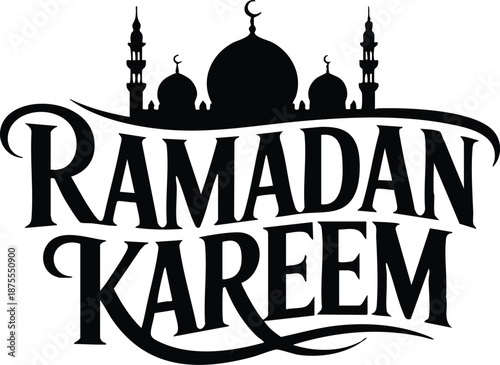 Elegant Ramadan Kareem Script with Mosque Skyline, Traditional Islamic Greeting Graphic in Bold Black, Minimalist Mosque Silhouette and Ramadan Typography, vector, illustration.