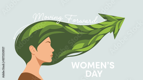 Woman with green hair and leaves moving forward on women's day