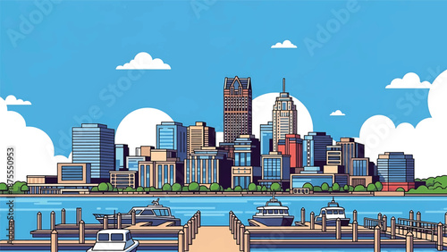flat vector illustration of a Buffalo-style skyline with waterfront docks, compact urban buildings and wide lake horizon, clean flat vector design in solid colors