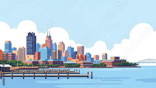 flat vector illustration of a Buffalo-style skyline with waterfront docks, compact urban buildings and wide lake horizon, clean flat vector design in solid colors