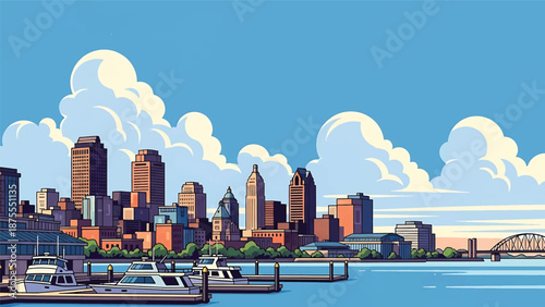 flat vector illustration of a Buffalo-style skyline with waterfront docks, compact urban buildings and wide lake horizon, clean flat vector design in solid colors